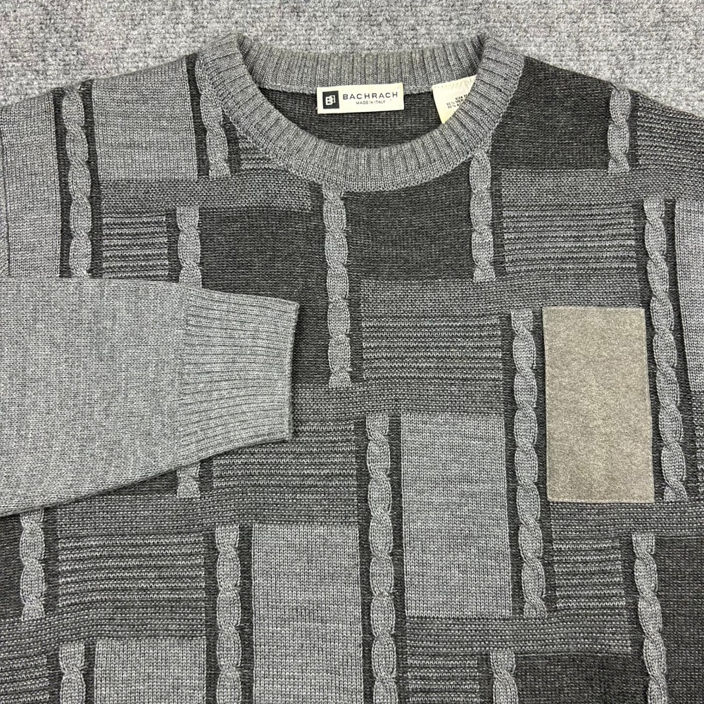 Bachrach Sweater Mens M Grey Patchwork Merino Wool Italian Knit Cable Vtg 90's